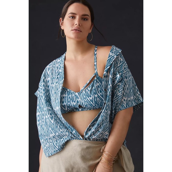 Anthropologie‎ Pilcro  Printed Voile Surf Button Front Shirt Blue Ikat Size 1X - Picture 2 of 12